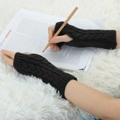 Allegra K Women's Wrist Warmer Stretchy Elastic Thumb Winter Knitted Fingerless Gloves Accessories