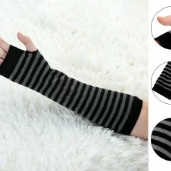 Allegra K Accessories Woman Fingerless Thumbhole Stripes Knitted Arm Warmers
