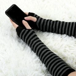 Allegra K Accessories Woman Fingerless Thumbhole Stripes Knitted Arm Warmers