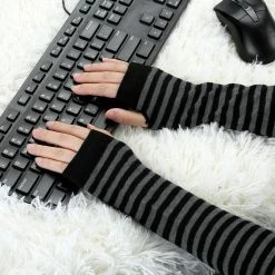 Allegra K Accessories Woman Fingerless Thumbhole Stripes Knitted Arm Warmers