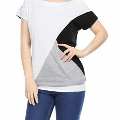 Allegra K Boat Neck Batwing Sleeves Color Block Tunic Top