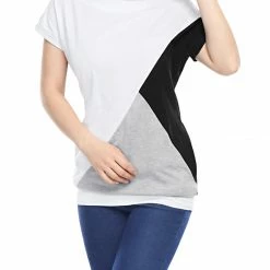 Allegra K Boat Neck Batwing Sleeves Color Block Tunic Top