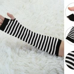 Allegra K Women Long Stripe Thumbhole Fingerless Gloves Elbow Length Arm Warmers