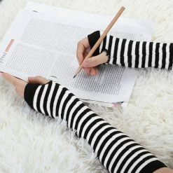 Allegra K Women Long Stripe Thumbhole Fingerless Gloves Elbow Length Arm Warmers
