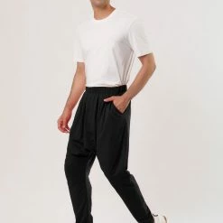 Allegra K Men Solid Black Elastic Waist Slant Pockets Harem Pants
