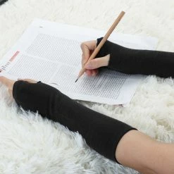 Allegra K Ladies Autumn Knitted Arm Warmmers Thumbhole Long Fingerless Gloves Pair