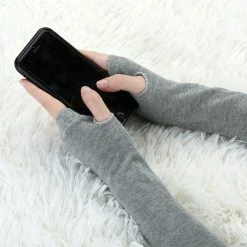 Allegra K Ladies Autumn Knitted Arm Warmmers Thumbhole Long Fingerless Gloves Pair