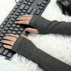 Allegra K Ladies Autumn Knitted Arm Warmmers Thumbhole Long Fingerless Gloves Pair