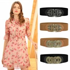 Allegra K Knot Woven Metal Interlocking Buckle Textured Elastic Stretchy Cinch Waistband Waist Belt