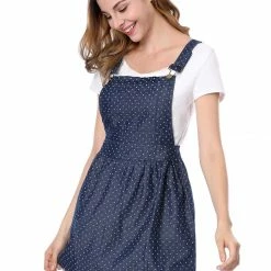 Allegra K 65055 Women Dots Pattern Adjustable Shoulder Straps Mini Overall Dress