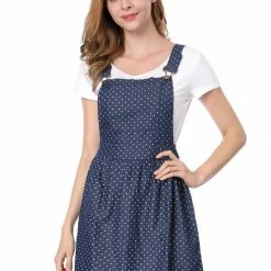 Allegra K 65055 Women Dots Pattern Adjustable Shoulder Straps Mini Overall Dress