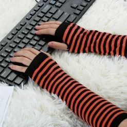 Allegra K Accessories Women Winter Stripe Pattern Elbow Length Fingerless Thumbhole Arm Warmers Long Gloves