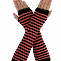Allegra K Accessories Women Winter Stripe Pattern Elbow Length Fingerless Thumbhole Arm Warmers Long Gloves