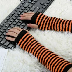 Allegra K Accessories Women Winter Stripe Pattern Elbow Length Fingerless Thumbhole Arm Warmers Long Gloves