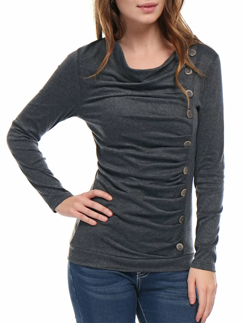 Women Allegra K Cowl Neck Long Sleeves Buttons Decor Ruched Top 86 Women Allegra K Cowl Neck Long Sleeves Buttons Decor Ruched Top