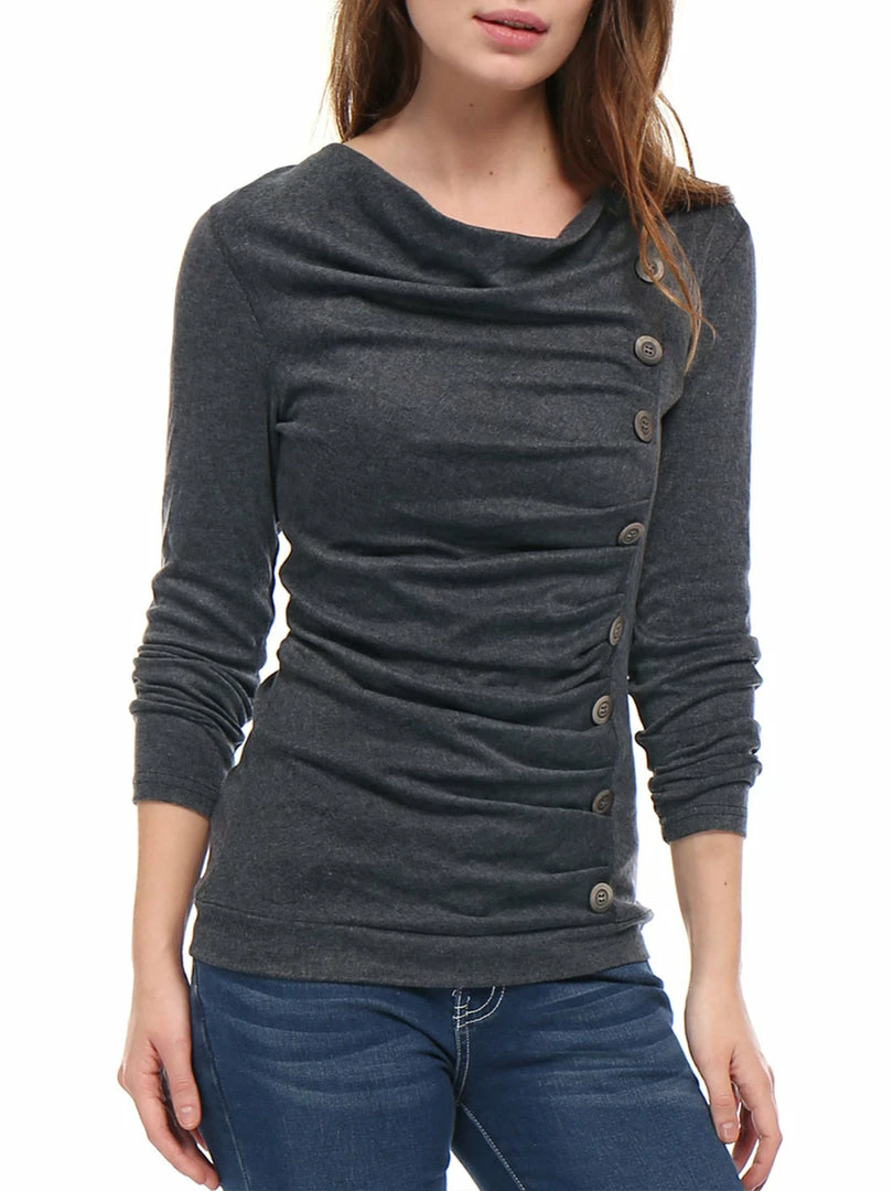 Women Allegra K Cowl Neck Long Sleeves Buttons Decor Ruched Top 89 Women Allegra K Cowl Neck Long Sleeves Buttons Decor Ruched Top