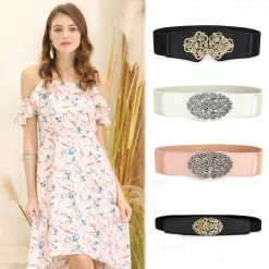 Allegra K Women Gold Tone Flower Design Metal Interlocking Buckle Elastic Cinch Belt Waistbelt 11 Allegra K Women Gold Tone Flower Design Metal Interlocking Buckle Elastic Cinch Belt Waistbelt