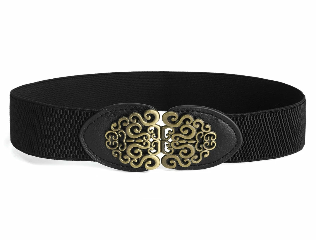 Allegra K Women Gold Tone Flower Design Metal Interlocking Buckle Elastic Cinch Belt Waistbelt 4 Allegra K Women Gold Tone Flower Design Metal Interlocking Buckle Elastic Cinch Belt Waistbelt