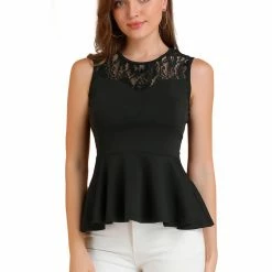 Women Allegra K Round Neck Lace-Paneled Sleeveless Peplum Top 66 Women Allegra K Round Neck Lace-Paneled Sleeveless Peplum Top