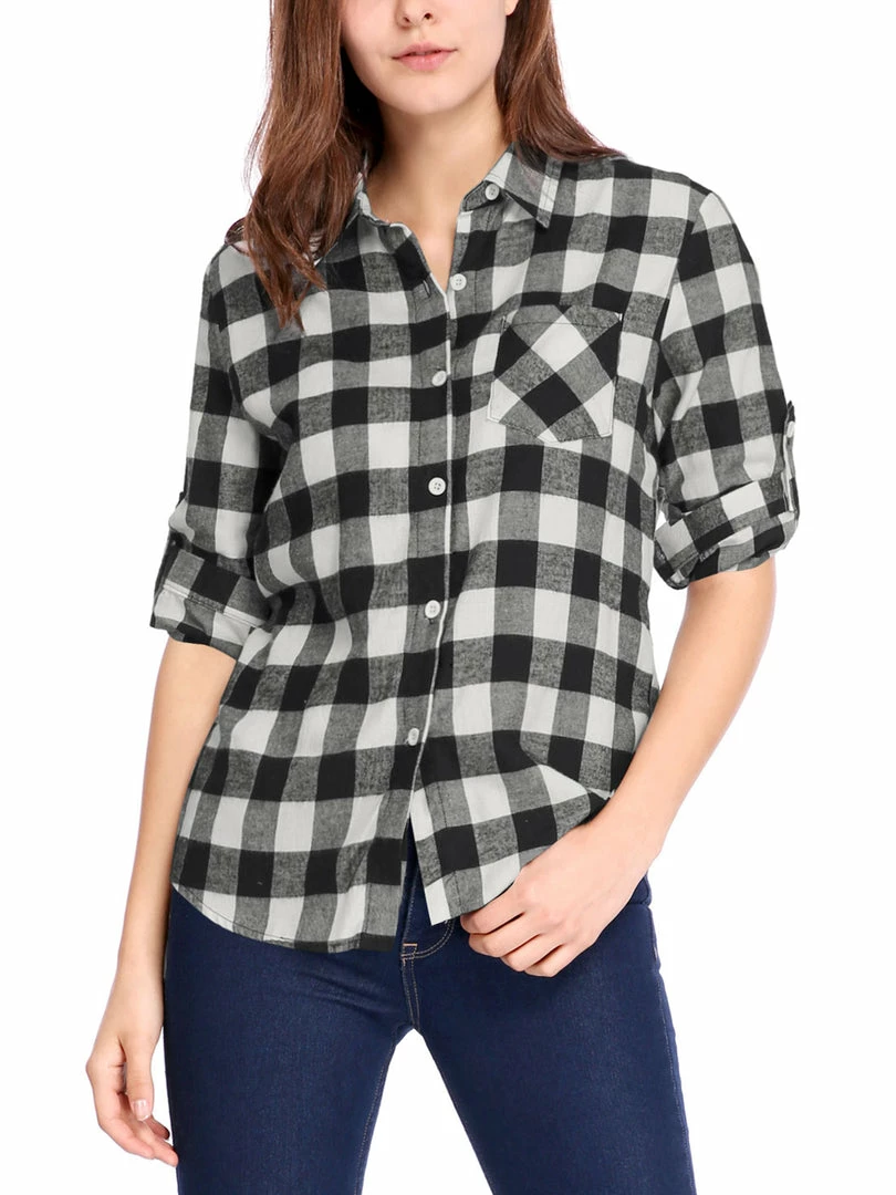 Women Allegra K Plaids Roll Up Sleeves Buttoned Boyfriend Shirt 24 Women Allegra K Plaids Roll Up Sleeves Buttoned Boyfriend Shirt