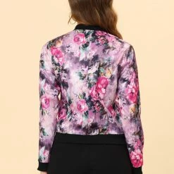 Allegra K 8127 Women Stand Collar Zip Up Floral Prints Bomber Jacket