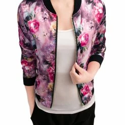 Allegra K 8127 Women Stand Collar Zip Up Floral Prints Bomber Jacket