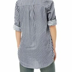 Allegra K Button Down Vertical Stripes Long Roll Up Sleeves Shirt Women