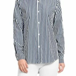Allegra K Button Down Vertical Stripes Long Roll Up Sleeves Shirt Women