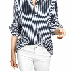 Allegra K Button Down Vertical Stripes Long Roll Up Sleeves Shirt Women