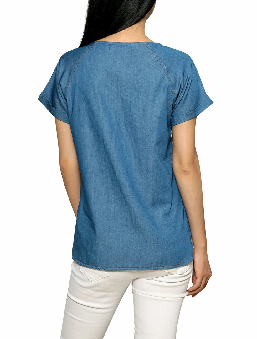 Allegra K Short Raglan Sleeves Round Neck Chambray Top 11 Allegra K Short Raglan Sleeves Round Neck Chambray Top