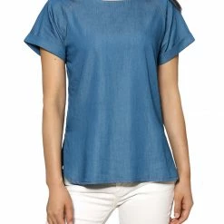 Allegra K Short Raglan Sleeves Round Neck Chambray Top 20 Allegra K Short Raglan Sleeves Round Neck Chambray Top