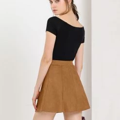 Allegra K Women's Faux Suede Single Breasted Front Button Mid Rise Mini A-Line Skirt