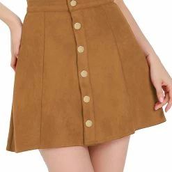Allegra K Women's Faux Suede Single Breasted Front Button Mid Rise Mini A-Line Skirt