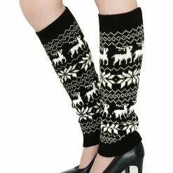 Allegra K Women Elastic Cuffs Snowflake Deers Pattern Knee High Knit Leg Warmers Pair