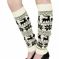Allegra K Women Elastic Cuffs Snowflake Deers Pattern Knee High Knit Leg Warmers Pair