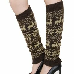 Allegra K Women Elastic Cuffs Snowflake Deers Pattern Knee High Knit Leg Warmers Pair