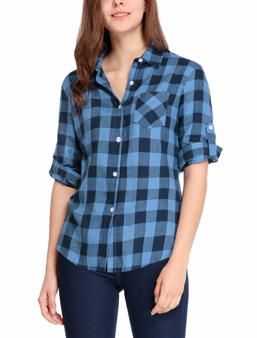 Women Allegra K Plaids Roll Up Sleeves Buttoned Boyfriend Shirt 11 Women Allegra K Plaids Roll Up Sleeves Buttoned Boyfriend Shirt
