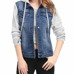 Women Allegra K Washed Denim Jacket With A Hood And Sleeves In Sweatshirt Fabric 79 Women Allegra K Washed Denim Jacket With A Hood And Sleeves In Sweatshirt Fabric