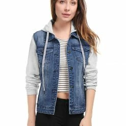 Women Allegra K Washed Denim Jacket With A Hood And Sleeves In Sweatshirt Fabric 80 Women Allegra K Washed Denim Jacket With A Hood And Sleeves In Sweatshirt Fabric