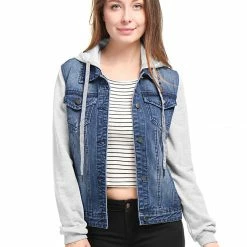Women Allegra K Washed Denim Jacket With A Hood And Sleeves In Sweatshirt Fabric 78 Women Allegra K Washed Denim Jacket With A Hood And Sleeves In Sweatshirt Fabric