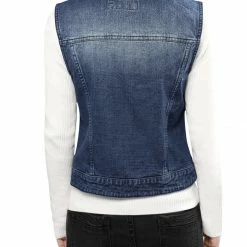 Allegra K Women's Washed Denim Buttoned Vest W Flap Pockets