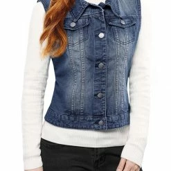 Allegra K Women's Washed Denim Buttoned Vest W Flap Pockets