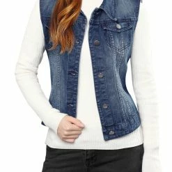 Allegra K Women's Washed Denim Buttoned Vest W Flap Pockets