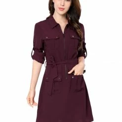 Allegra K Women's Roll Up Sleeves Multi-Pocket Knee Length Belted Shirt Dress