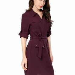 Allegra K Women's Roll Up Sleeves Multi-Pocket Knee Length Belted Shirt Dress