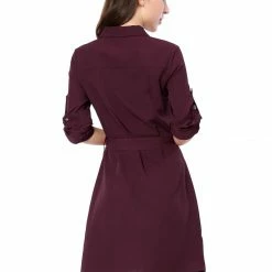 Allegra K Women's Roll Up Sleeves Multi-Pocket Knee Length Belted Shirt Dress