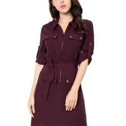 Allegra K Women's Roll Up Sleeves Multi-Pocket Knee Length Belted Shirt Dress