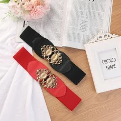 Allegra K Accessories Lady Faux Leather Beaded Rhinestone Inlaid Elastic Waist Belt