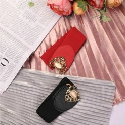 Allegra K Accessories Lady Faux Leather Beaded Rhinestone Inlaid Elastic Waist Belt