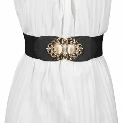 Allegra K Accessories Lady Faux Leather Beaded Rhinestone Inlaid Elastic Waist Belt